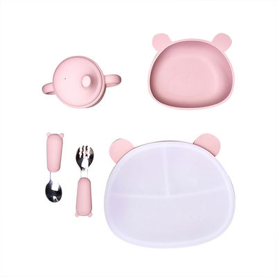Bear Shape Silicone Baby Feeding Set 6Pcs BPA Free Suction Bowl With Lid