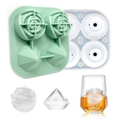 MHC Custom Shape 3D Flower Ice Cube Tray With Lid Non-Spill 4 Rosette And Diamond Ice Cream Tools
