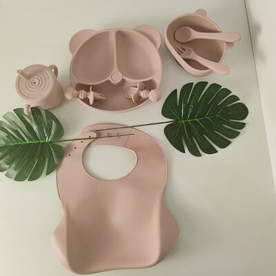 Silicone Baby Feeding Set Bear Suction Plate Bowl BPA Free Toddler Self Feeding Supplies Waterproof Bib Snack Cup Spoon Fork